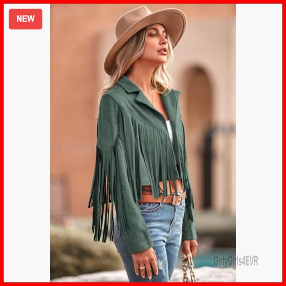 Faux Suede Fringe Cropped Jacket, Motorcycle Style, OEKO-TEX Certified - Picture 3 of 7